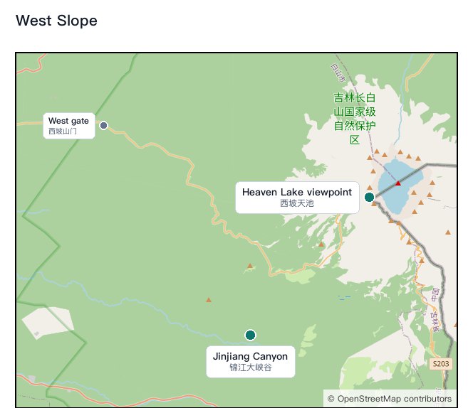 West Slope map with the Heaven Lake viewpoint and Jinjiang Grand Canyon marked below the West gate