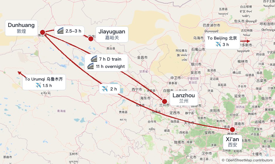 Access to Dunhuang: flights from Urumqi, Xi'an, and Beijing, plus trains from Jiayuguan and Lanzhou