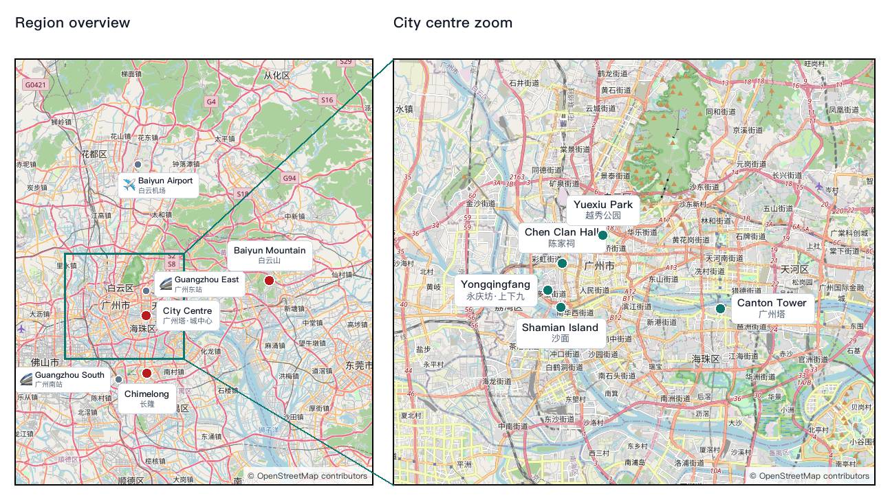 Side-by-side Guangzhou region overview and city centre zoom maps with numbered attraction dots