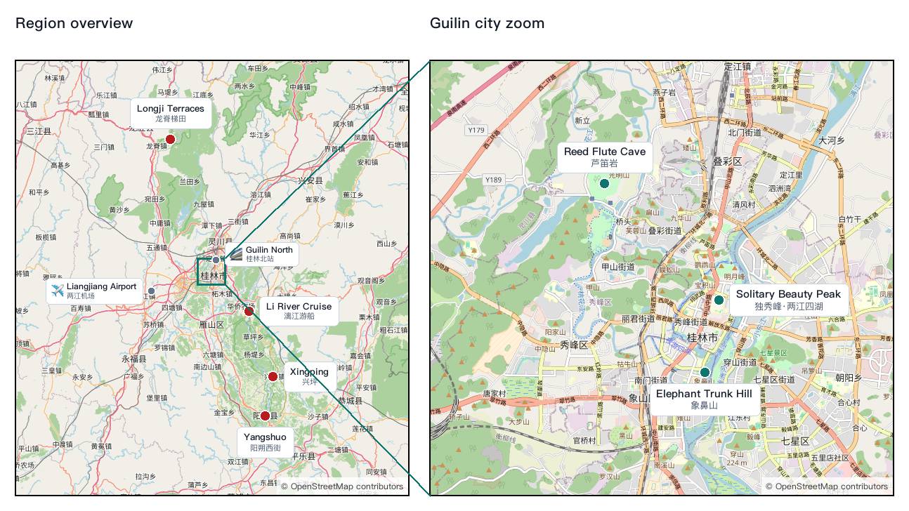 Side-by-side Guilin region overview and city zoom maps with numbered attraction dots