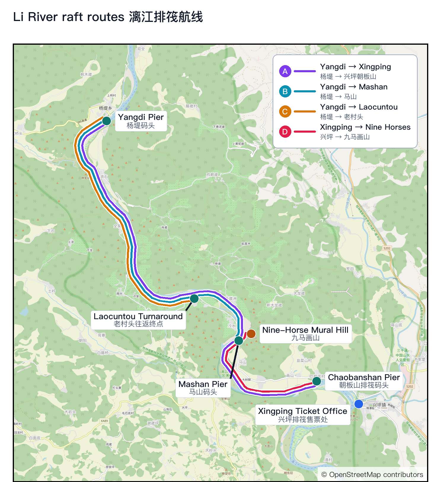 Map of Li River rafting stops from Yangdi Pier to Laocuntou, Mashan Pier, Nine-Horse Mural Hill, Chaobanshan Pier access, and the Xingping raft ticket office