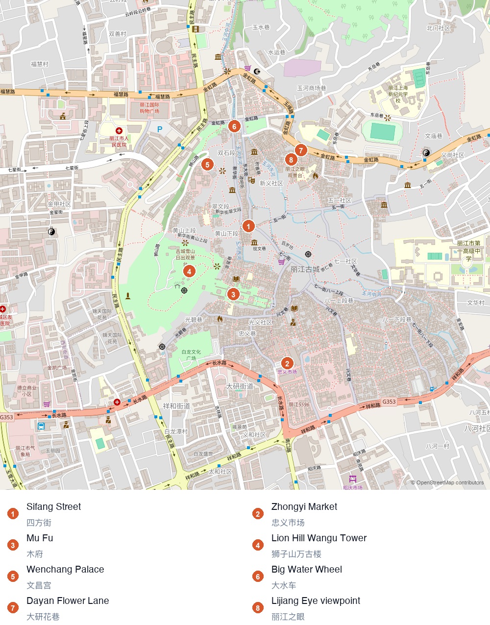 Static map of Lijiang Old Town with 8 numbered key spots
