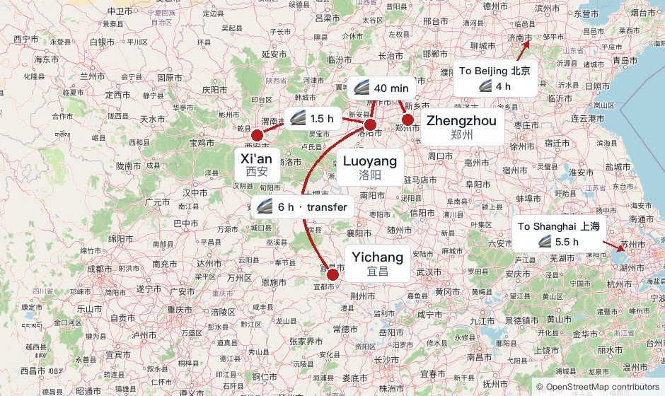 Rail access to Luoyang from Zhengzhou, Xi'an, Yichang, Beijing, and Shanghai