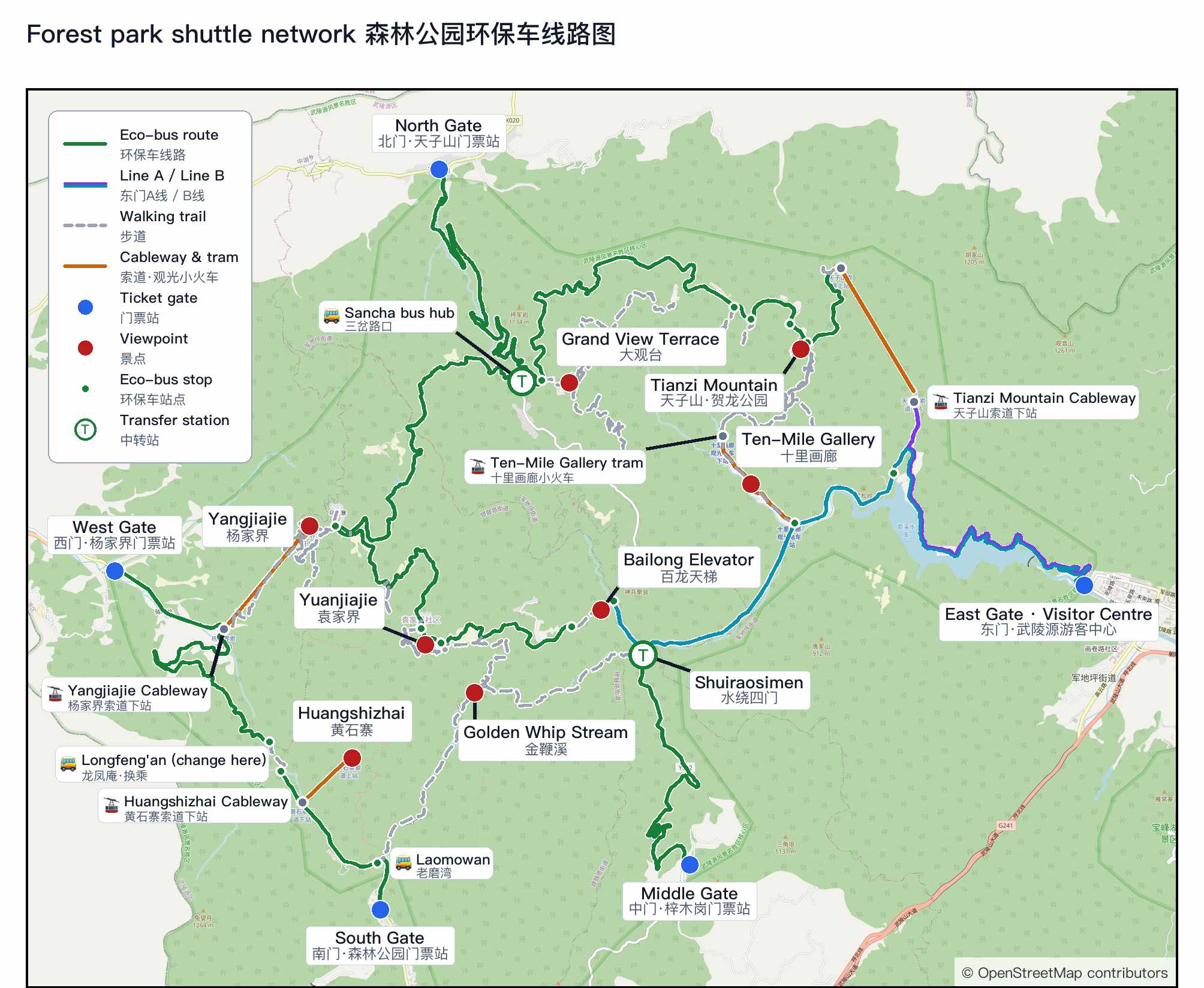 Map of the Zhangjiajie forest park sightseeing-bus network, with the South, East, and southeast gates, the Bailong Elevator, and the Yuanjiajie, Yangjiajie, Tianzi Mountain, and Huangshizhai viewpoint areas linked by green eco-bus roads, teal walking trails, and orange cableways
