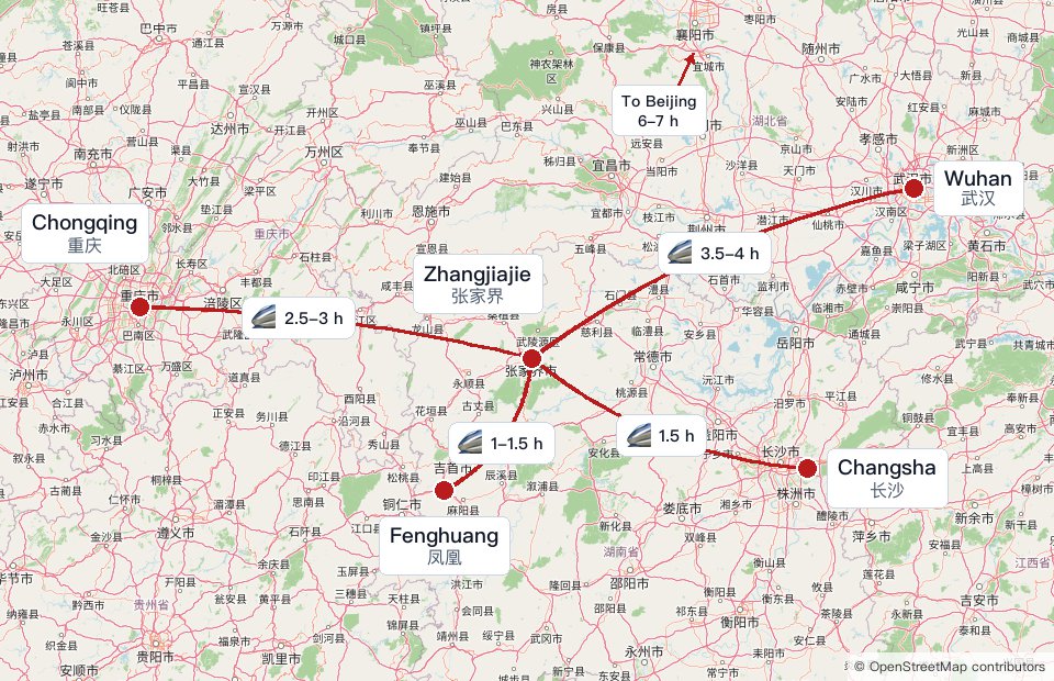 High-speed rail travel times from Zhangjiajie to Changsha, Wuhan, Chongqing, and Fenghuang, with Beijing shown as a directional arrow